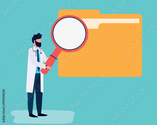 Doctor searching information and doctor examine a patient's medical file using a magnifying glass, for data analysis, health record management, and healthcare professionalism in clinical environments