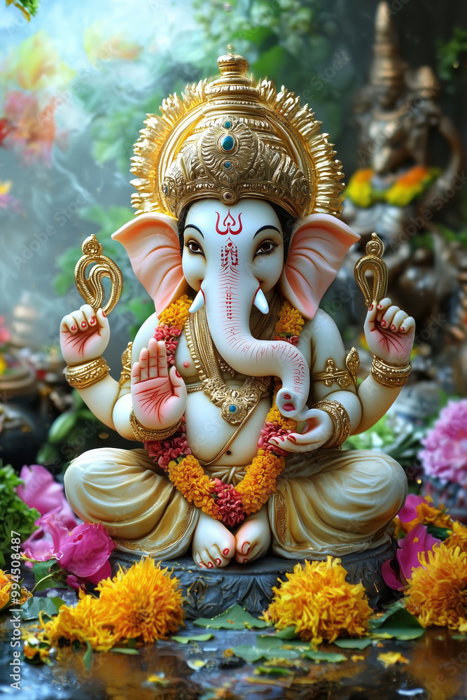 Fototapeta premium The vibrant celebration of Lord Ganesha amidst floral offerings and mystical greenery in a serene temple setting