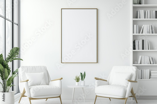 A serene minimalistic living room with white furnishings and a blank canvas ready for inspiration and creativity