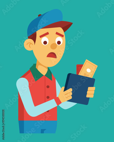 A worker checks their wallet during payday shocked to find it empty due to unexpected expenses.. Vector illustration