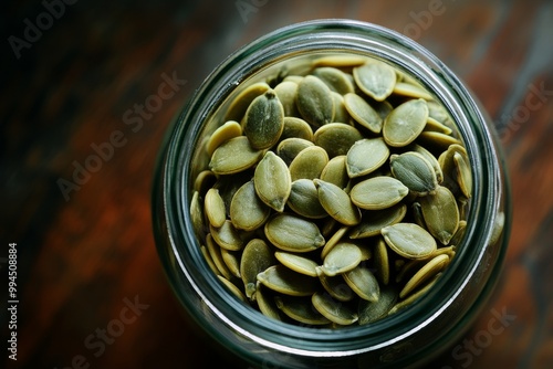 A glass jar of peeled pumpkin seeds on a wooden table. The seeds rest on a black shabby board with copy space and free space for text. Contrasting light.