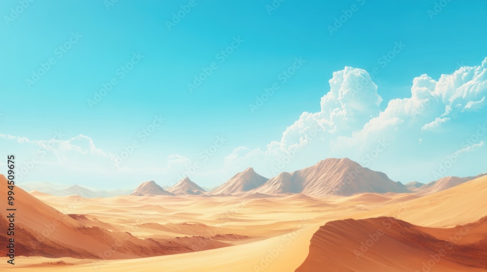 Naklejka premium Expansive Desert Landscape with Rolling Dunes and Distant Mountains Under a Blue Sky with Fluffy Clouds