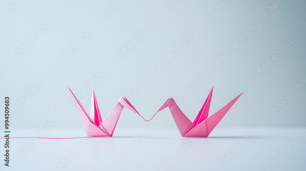 Two Neon Pink Paper Cranes Facing Away with a Faint Connecting Thread on a Plain Background Two Neon Pink Paper Cranes Facing Away with a Faint Connecting Thread on a Plain Background
