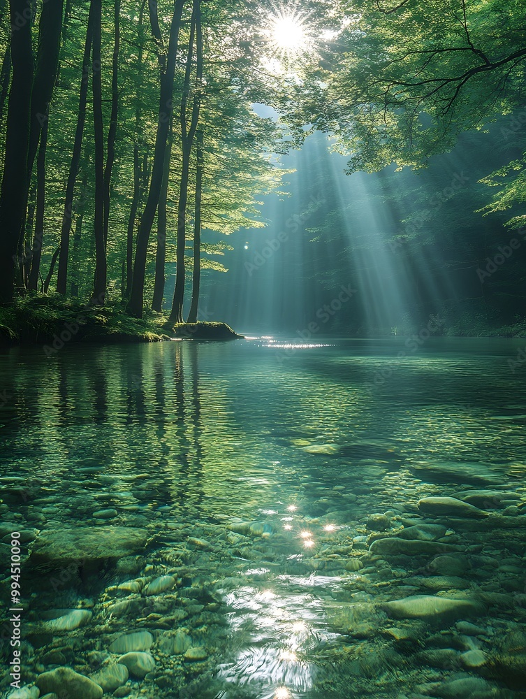 A bright and peaceful view of a lush forest with a crystal clear stream that reveals the rocks beneath. Sunlight filters through tall trees. No people. A natural scene suitable for ecotourism. A bright and peaceful view of a lush forest with a crystal clear stream that reveals the rocks beneath. Sunlight filters through tall trees. No people. A natural scene suitable for ecotourism.