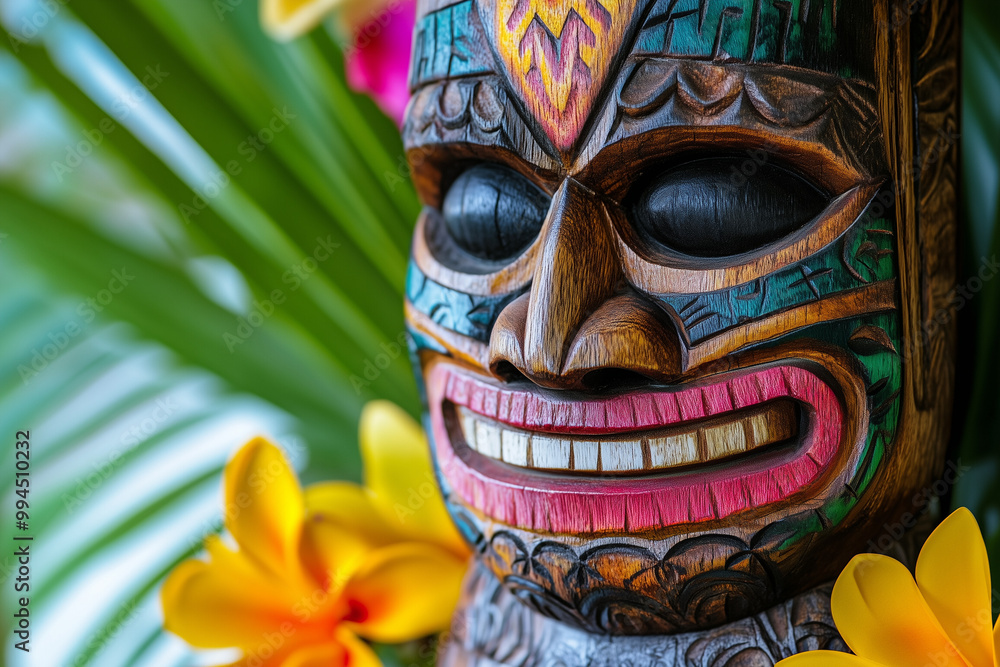 Close-up of Polynesian tiki mask with tropical flowers Close-up of Polynesian tiki mask with tropical flowers