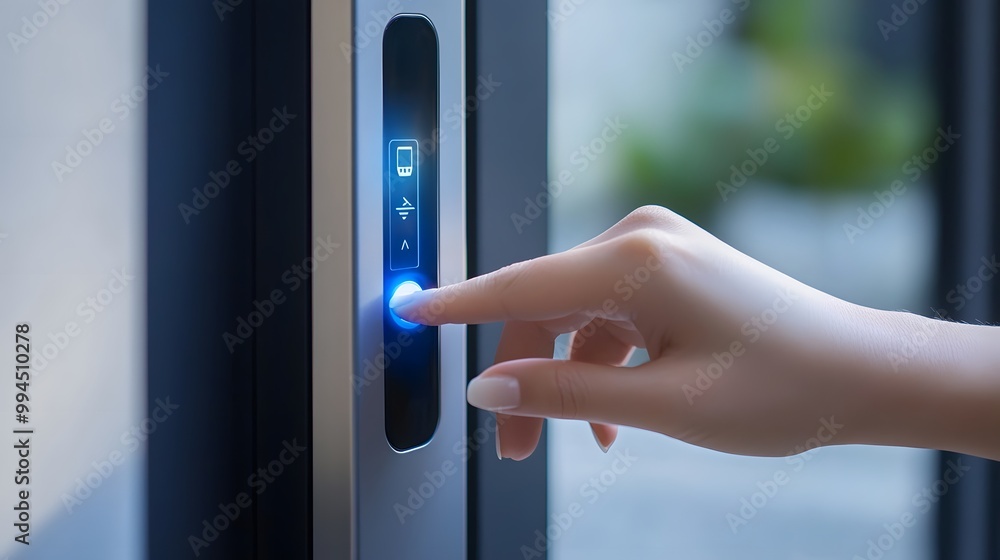 Hand touching a smart digital touch screen lock on a modern home door Hand touching a smart digital touch screen lock on a modern home door