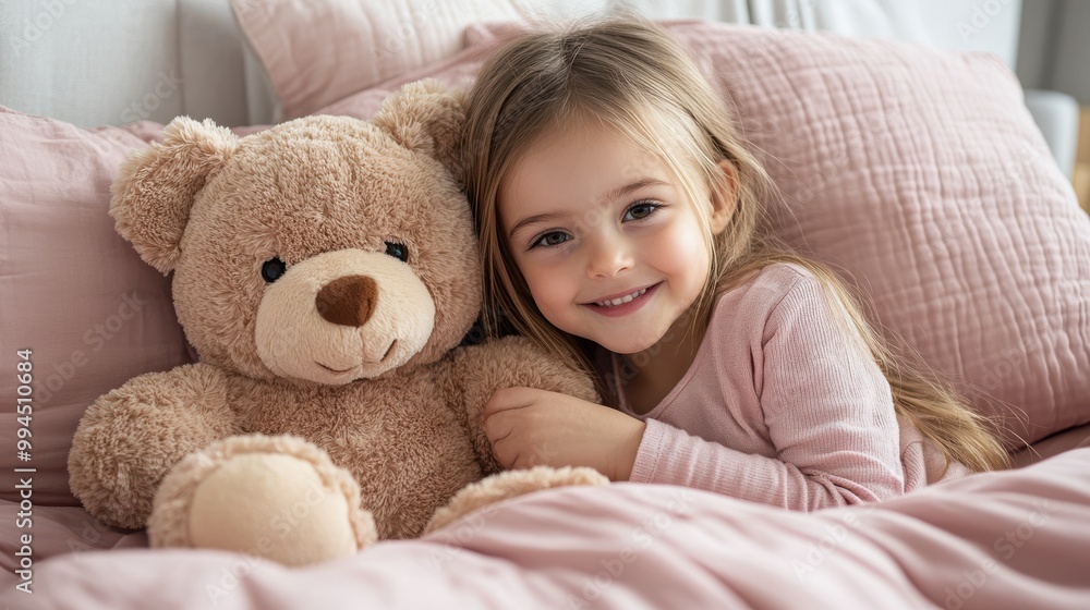 Smiling little girl hugging a plush teddy bear, lying on a fluffy pink blanket in a cozy bedroom, capturing the warmth and innocence of childhood Smiling little girl hugging a plush teddy bear, lying on a fluffy pink blanket in a cozy bedroom, capturing the warmth and innocence of childhood