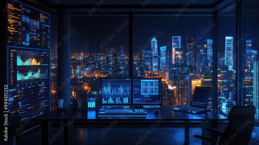 Night view of futuristic office with data screens overlooking city skyline. High-tech workspace, illuminated skyscrapers, big data analysis, financial analytics, corporate environment. Night view of futuristic office with data screens overlooking city skyline. High-tech workspace, illuminated skyscrapers, big data analysis, financial analytics, corporate environment.