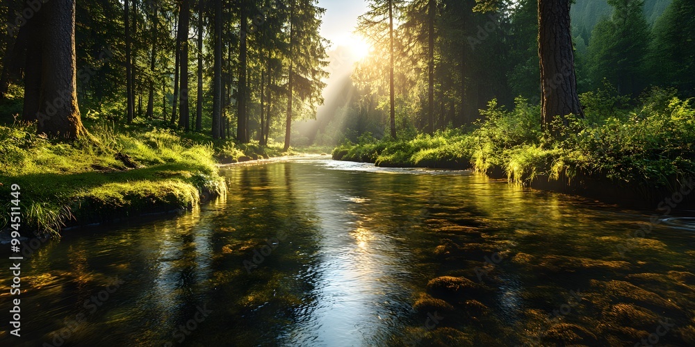 A bright and peaceful view of a lush forest with a crystal clear stream that reveals the rocks beneath. Sunlight filters through tall trees. No people. A natural scene suitable for ecotourism. A bright and peaceful view of a lush forest with a crystal clear stream that reveals the rocks beneath. Sunlight filters through tall trees. No people. A natural scene suitable for ecotourism.