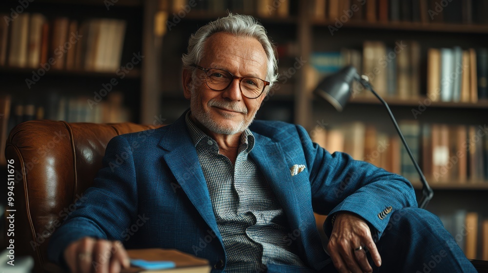 Mature businessman with glasses sitting confidently in a modern library, successful corporate leader, business executive in elegant office setting, professional CEO portrait, leadership concept. Mature businessman with glasses sitting confidently in a modern library, successful corporate leader, business executive in elegant office setting, professional CEO portrait, leadership concept.
