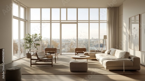 Airy Scandinavian living room with neutral tones, large floor-to-ceiling windows, and sparse, functional furnishings