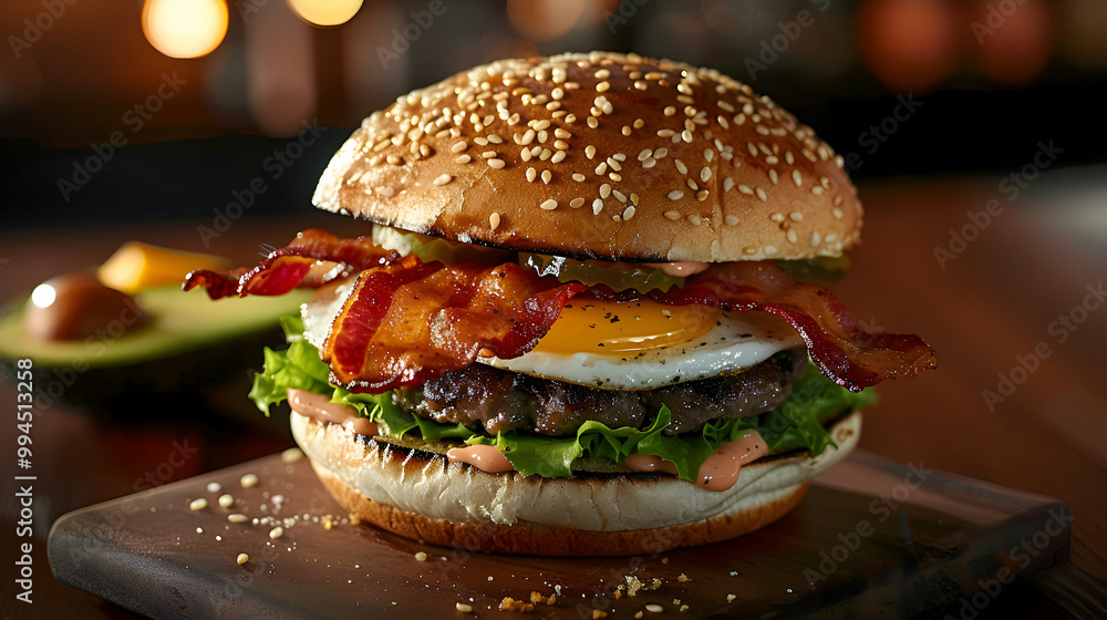 A burger with crispy bacon, avocado slices, and a fried egg, highlighting the textures and colors, captured using an ultra HD camera with a ring light for even illumination A burger with crispy bacon, avocado slices, and a fried egg, highlighting the textures and colors, captured using an ultra HD camera with a ring light for even illumination