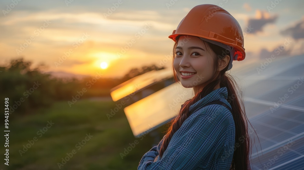 Smiling woman engineer standing in front of solar panels at sunset, wearing a hard hat, working in renewable energy field, sustainable future, female professional in clean energy industry. Smiling woman engineer standing in front of solar panels at sunset, wearing a hard hat, working in renewable energy field, sustainable future, female professional in clean energy industry.