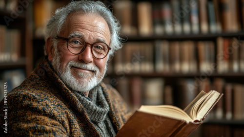 Elderly man smiling in a cozy library, reading a book with glasses, surrounded by shelves of books, enjoying peaceful reading time, intellectual atmosphere, warm and inviting environment.