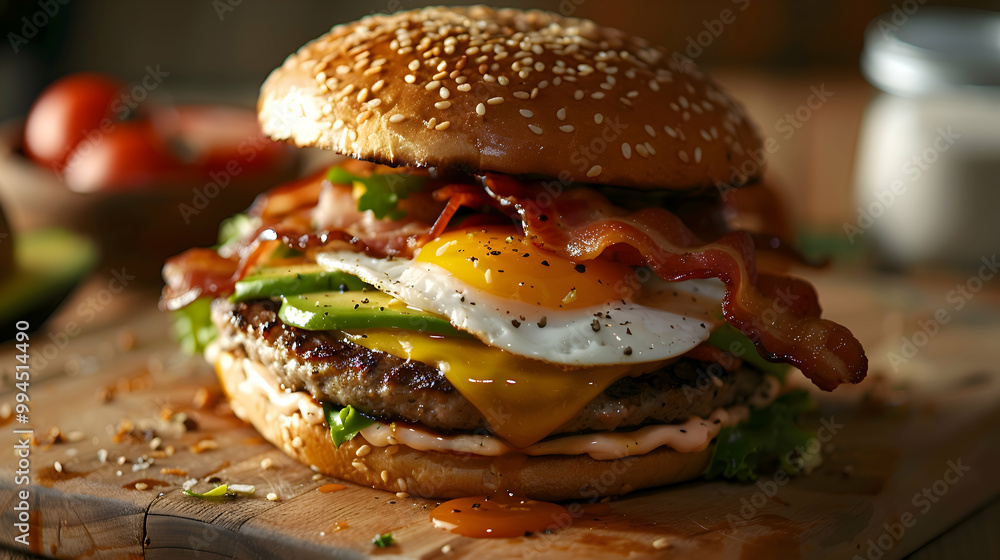 A burger with crispy bacon, avocado slices, and a fried egg, highlighting the textures and colors, captured using an ultra HD camera with a ring light for even illumination A burger with crispy bacon, avocado slices, and a fried egg, highlighting the textures and colors, captured using an ultra HD camera with a ring light for even illumination