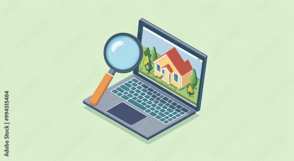A laptop computer with a magnifying glass over a real estate website Generative AI A laptop computer with a magnifying glass over a real estate website Generative AI