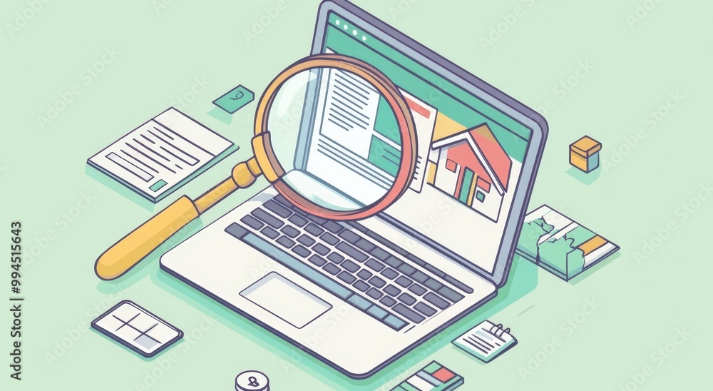 a laptop with a magnifying glass over a real estate website on a light green background Generative AI a laptop with a magnifying glass over a real estate website on a light green background Generative AI