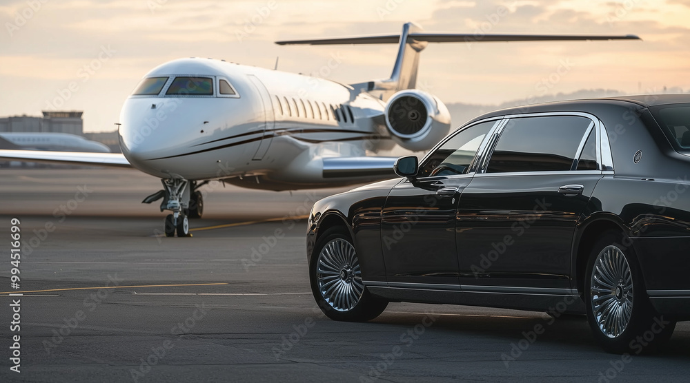 © Enrique - View of black luxury limousine car with private white jet in the background at the airport, private luxury escort © Enrique - View of black luxury limousine car with private white jet in the background at the airport, private luxury escort