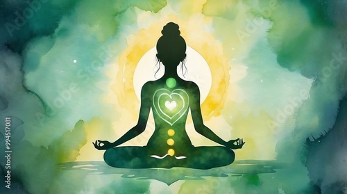 Watercolor inner peace background, serene mood, silhouette meditating with glowing heart chakra, calming colors photo