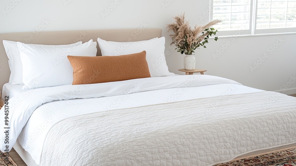 A serene bedroom showcases a floral-patterned blanket and cream quilt cover on a neatly made bed, complemented by white pillows and a rustic vintage rug beneath A serene bedroom showcases a floral-patterned blanket and cream quilt cover on a neatly made bed, complemented by white pillows and a rustic vintage rug beneath