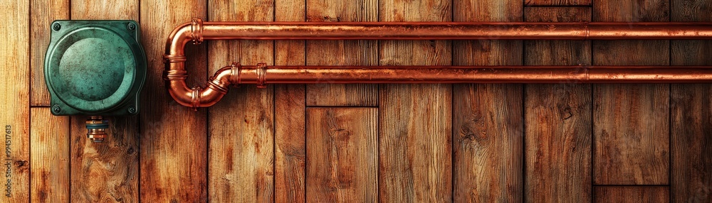 Fototapeta premium Copper Pipes and Water Flow on Wooden Backdrop