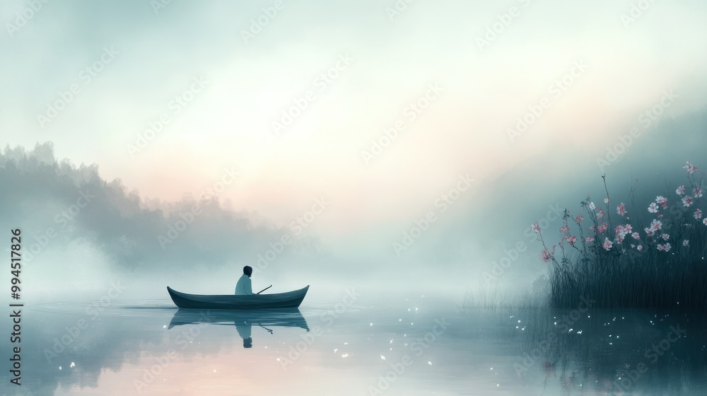 Solitary Figure Rowing on a Misty Lake with Pink Flowers Solitary Figure Rowing on a Misty Lake with Pink Flowers