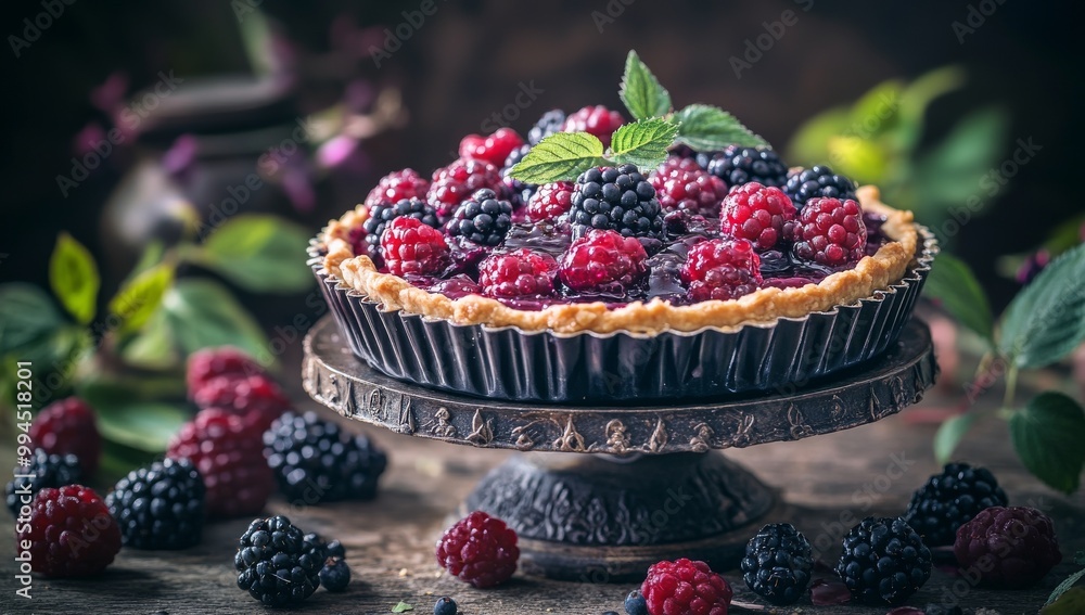 The pie has a blueberry filling inside of a big white bowl with some blackberries around the edges. The pie has a blueberry filling inside of a big white bowl with some blackberries around the edges.