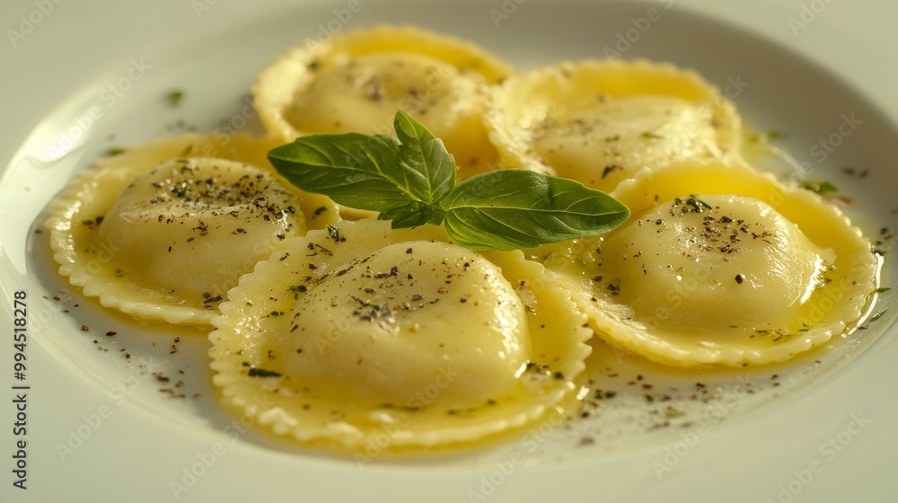 The image highlights the tenderness and appetizing appearance of the cooked pasta. A golden ravioli plate arranged in a circular pattern is garnished with herbs. The image highlights the tenderness and appetizing appearance of the cooked pasta. A golden ravioli plate arranged in a circular pattern is garnished with herbs.