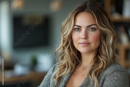 portrait of a brunette businesswoman looking successful, powerful, standing in the office, room, suit, plus size model