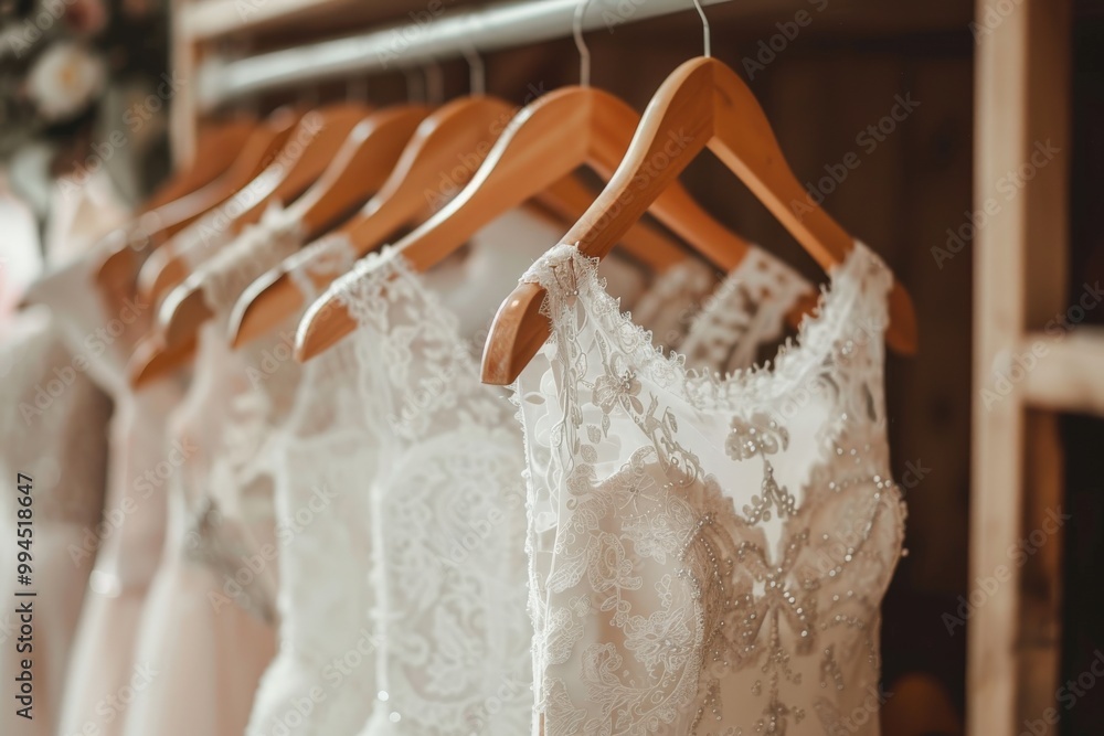 Three white dresses hanging on a rack, one of which is a wedding dress, generative ai image Three white dresses hanging on a rack, one of which is a wedding dress, generative ai image