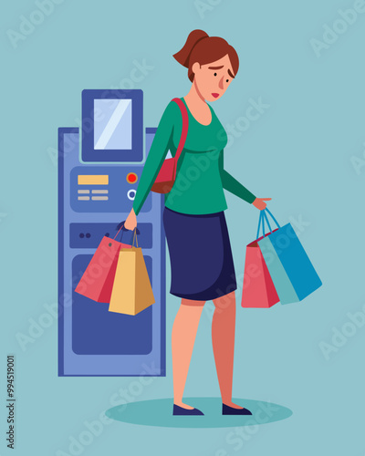 A woman with her hands full of shopping bags sighs in disappointment as she sees the unable to process transaction message on the ATM.. Vector illustration