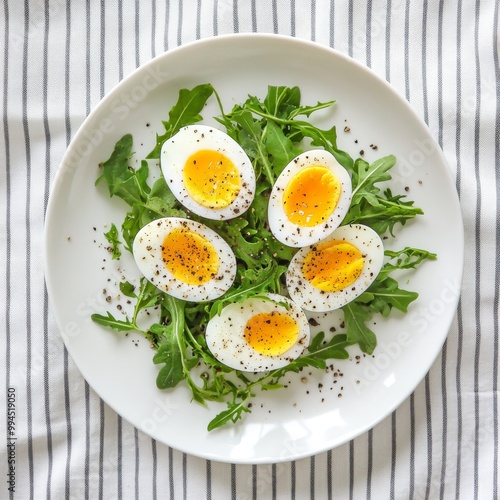 There are white plates adorned with neatly sliced hard-boiled eggs. Each egg half is garnished with a leaf of parsley, adding a touch of green to an otherwise predominantly yellow display.