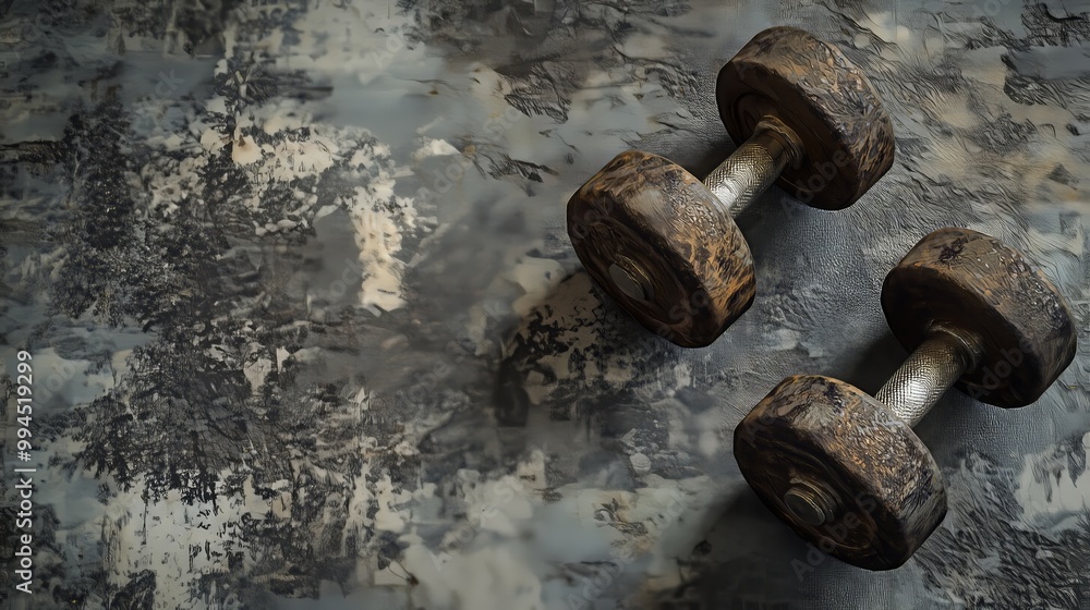 Old iron dumbbells on a grey gym floor, showcasing strength and inspiring fitness goals. Old iron dumbbells on a grey gym floor, showcasing strength and inspiring fitness goals.