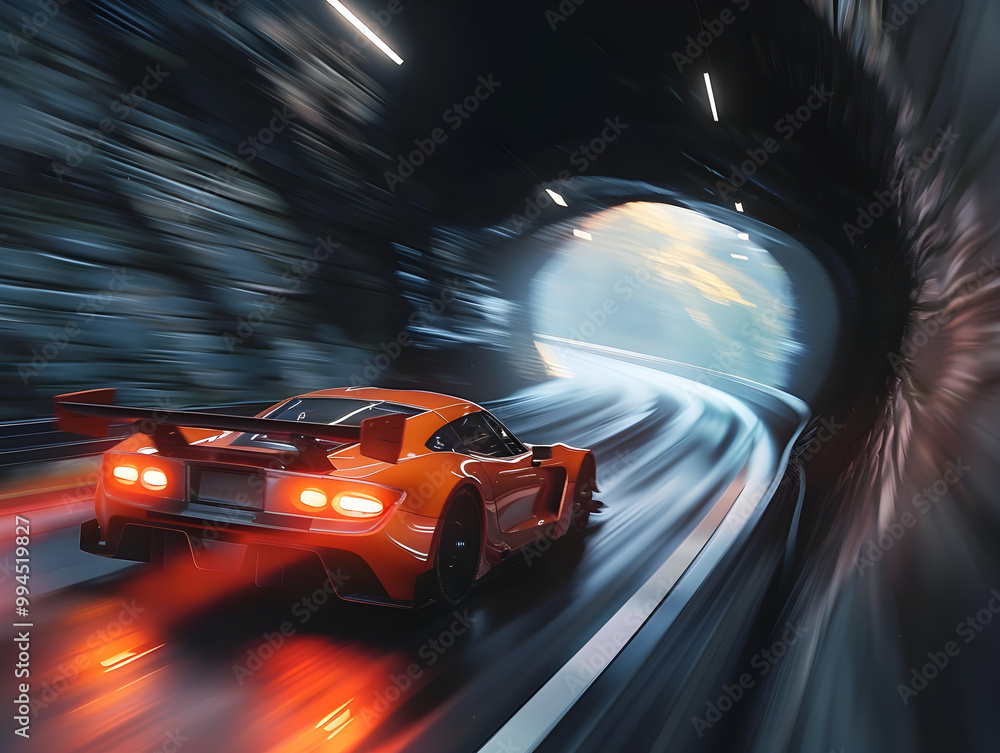 Sleek sports car zooming through dark mountain tunnel, dodging curves with v6 engine power. Sleek sports car zooming through dark mountain tunnel, dodging curves with v6 engine power.