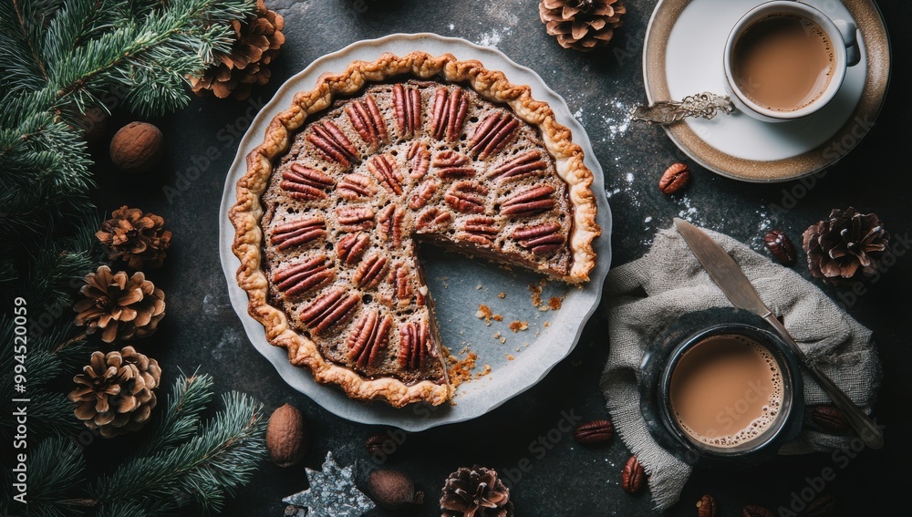 There is a delicious pecan pie on the table with a top covered with nuts, beside a cup of coffee and utensils like a fork and knife. Three pine cones are scattered around adding a touch of nature. There is a delicious pecan pie on the table with a top covered with nuts, beside a cup of coffee and utensils like a fork and knife. Three pine cones are scattered around adding a touch of nature.