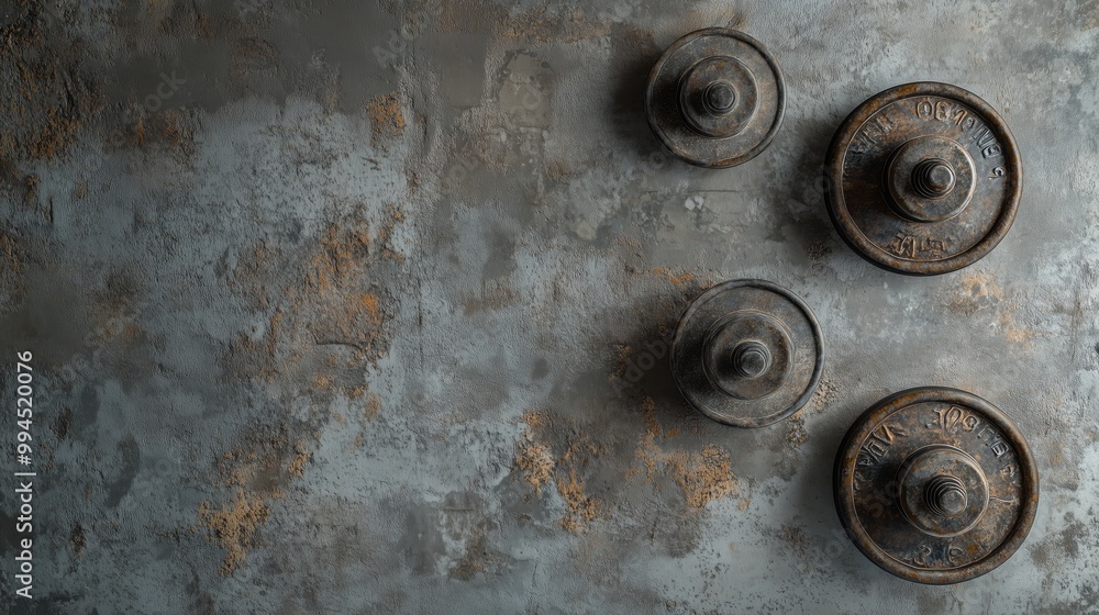 Old dumbbells on a grey concrete floor; dramatic lighting enhances strength and fitness branding. Old dumbbells on a grey concrete floor; dramatic lighting enhances strength and fitness branding.