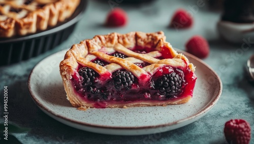 In this dessert photo, a slice of pie topped with blueberries sits on a plate, tempting anyone near with its sweet allure. The colorful berries further accentuate its appeal, making it irresistible photo