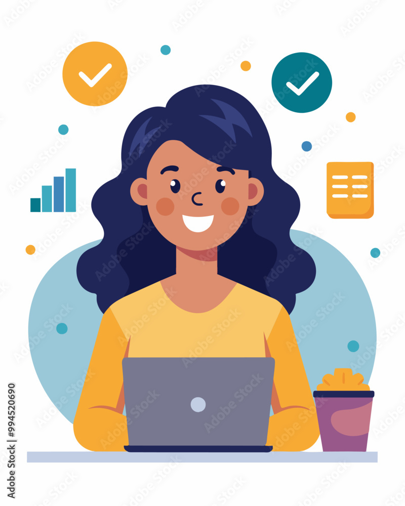 A woman smiling and typing on her laptop while using an online budgeting tool feeling a sense of control over her finances.. Vector illustration A woman smiling and typing on her laptop while using an online budgeting tool feeling a sense of control over her finances.. Vector illustration