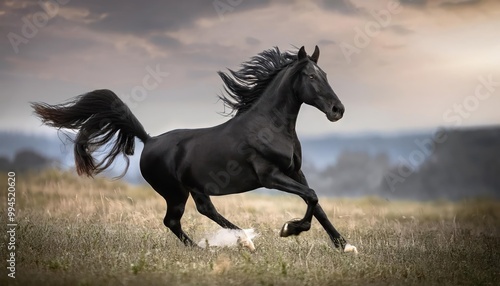 horse runs. Black horse play on the meadow 