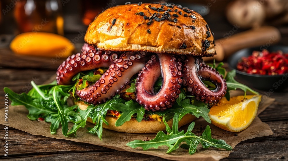 On a cozy, dimly lit wooden board, a gourmet burger with grilled octopus tentacles, fresh arugula, and a sesame seed bun is served on a rustic wooden board. On a cozy, dimly lit wooden board, a gourmet burger with grilled octopus tentacles, fresh arugula, and a sesame seed bun is served on a rustic wooden board.