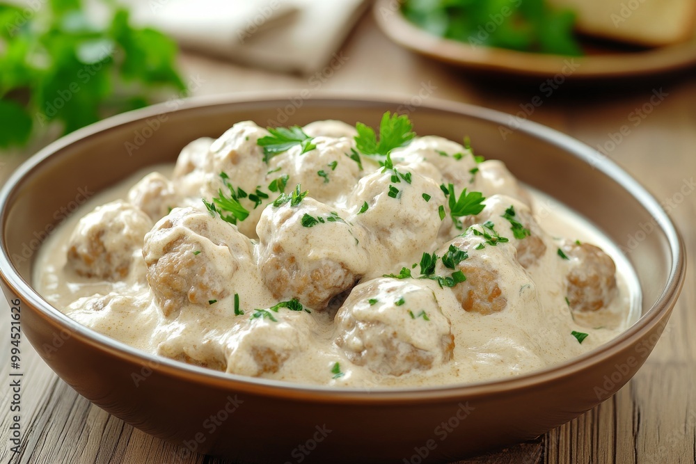 Delicious skandinavian meatballs in a cheese sauce with parsley Delicious skandinavian meatballs in a cheese sauce with parsley