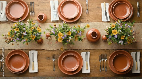An overhead shot of a rustic dining table set for a festive meal, with burlap runners, earthenware dishes, and simple wildflower bouquets