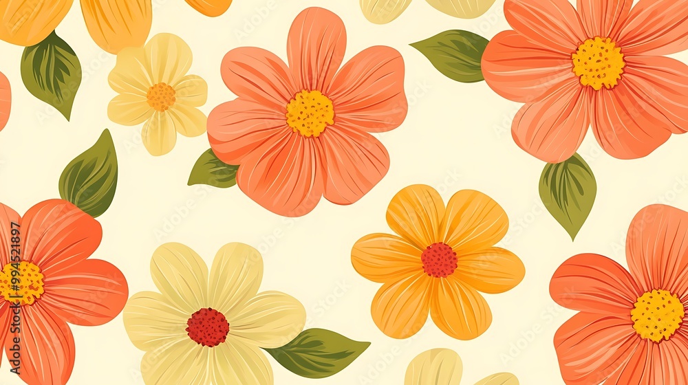 Seamless Pattern with Colorful Flower and Leaf Design Seamless Pattern with Colorful Flower and Leaf Design