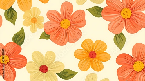 Seamless Pattern with Colorful Flower and Leaf Design