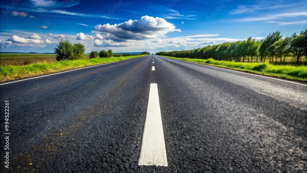 Fototapeta premium Empty asphalt road is going through green fields towards the horizon under blue sky with white clouds