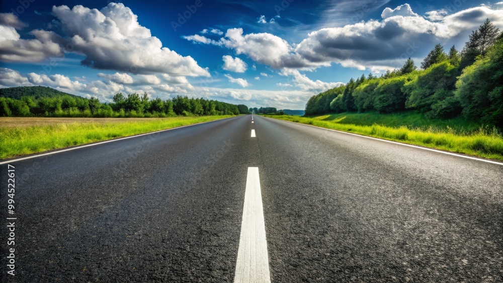 Empty asphalt road is going through green fields towards the horizon under blue sky with white clouds Empty asphalt road is going through green fields towards the horizon under blue sky with white clouds