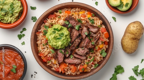 This dish consists of beef, white rice, black beans, fried plantains, and avocado topped with cilantro.