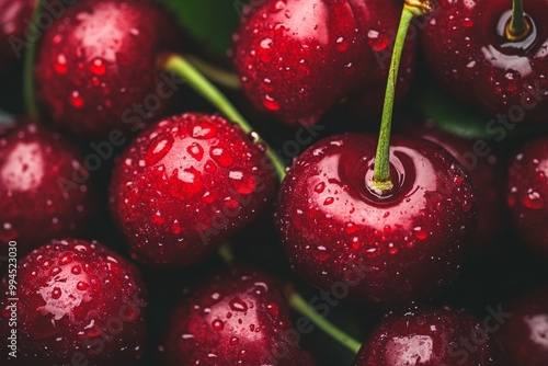 Cherries with drops of water covering their glossy surfaces. Cherry banner. Cherries background. Close-up shot of food.