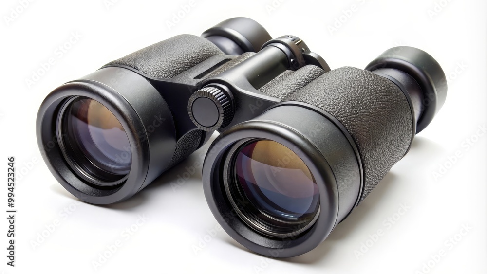 Black binoculars with rubber coating lying on white background Black binoculars with rubber coating lying on white background
