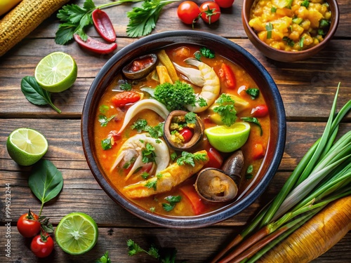 Traditional Honduran Seafood Soup with Fresh Ingredients and Vibrant Colors in a Rustic Setting